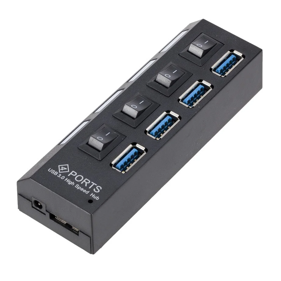 Compact High-Speed 4-Port USB 3.0 Hub with External Power Adapter