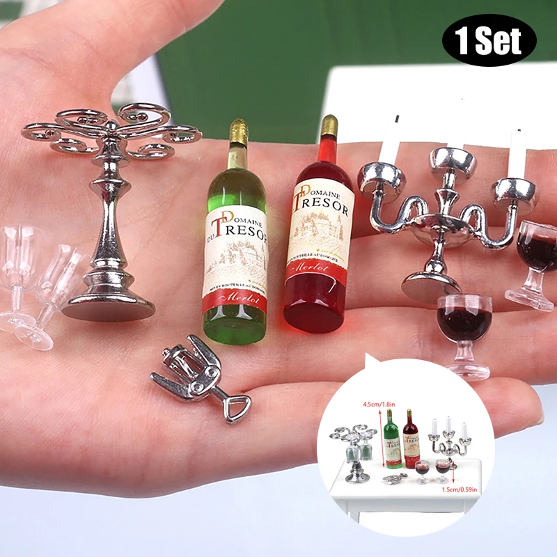 

1Set 1:12 Dollhouse Miniature Candlestick Red Wine With Wine Cup Model Mini Romantic Candle Light Dinner Scene Decor Accessories