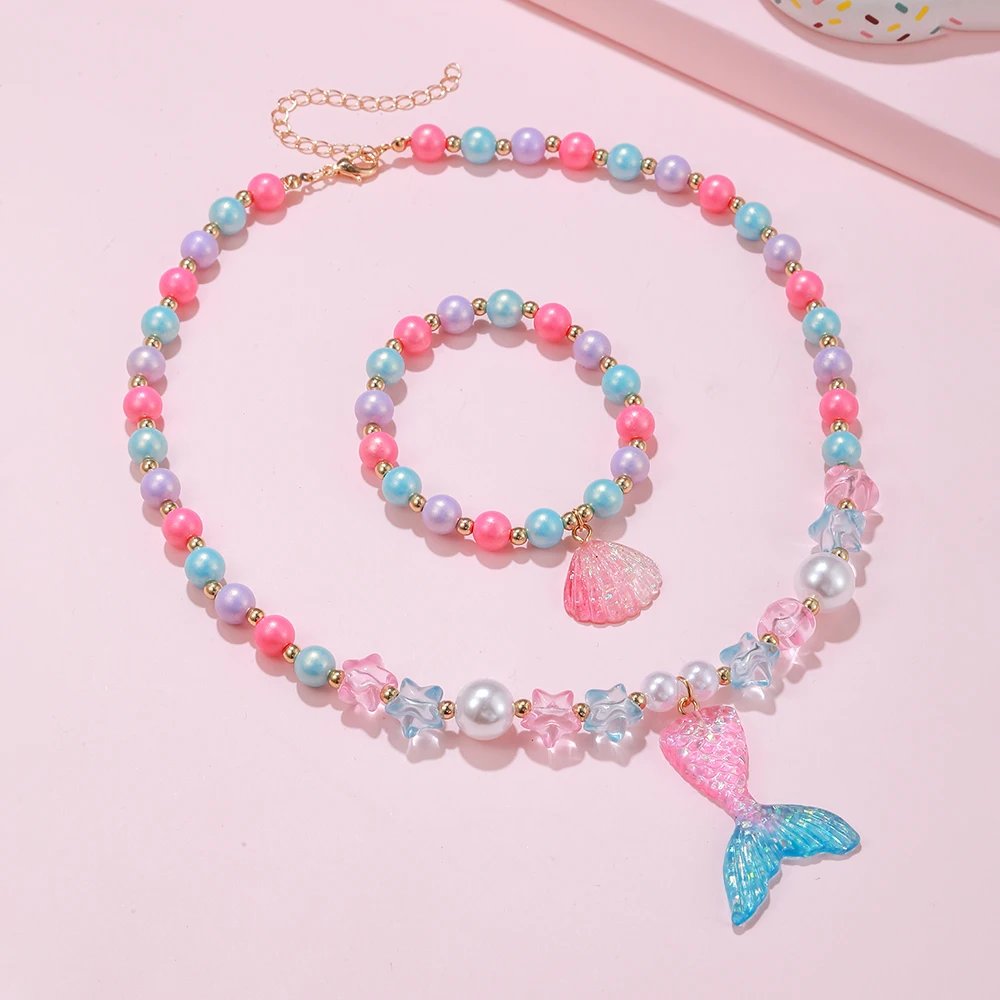 2Pcs/set Girl Princess Mermaid Shell Charm Necklace Bracelet Jewelry Set for Daughter Niece Girls Best Party Birthday Gifts 3