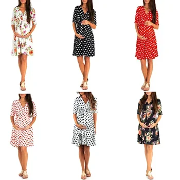 Plus Adjustable Waist Maternity Maxi Dress Wrap V Neck Nursing Dress Floral Dots Breastfeeding Pregnancy Dresses for Photoshoot