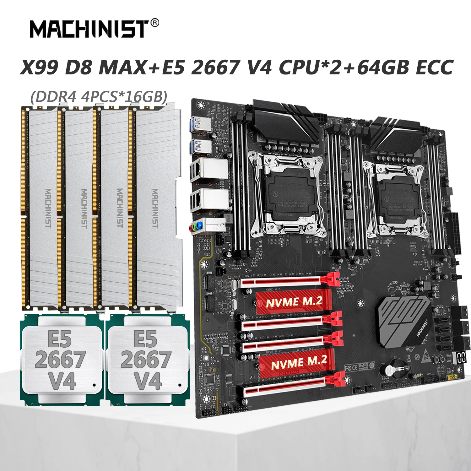 

MACHINIST X99 двойная материнская плата Combo LGA 2011-3 Xeon E5 2667 V4 комплект ЦП * 2 шт. DDR4 ECC 64 Гб ОЗУ память USB3.0 NVME M.2 D8 MAX