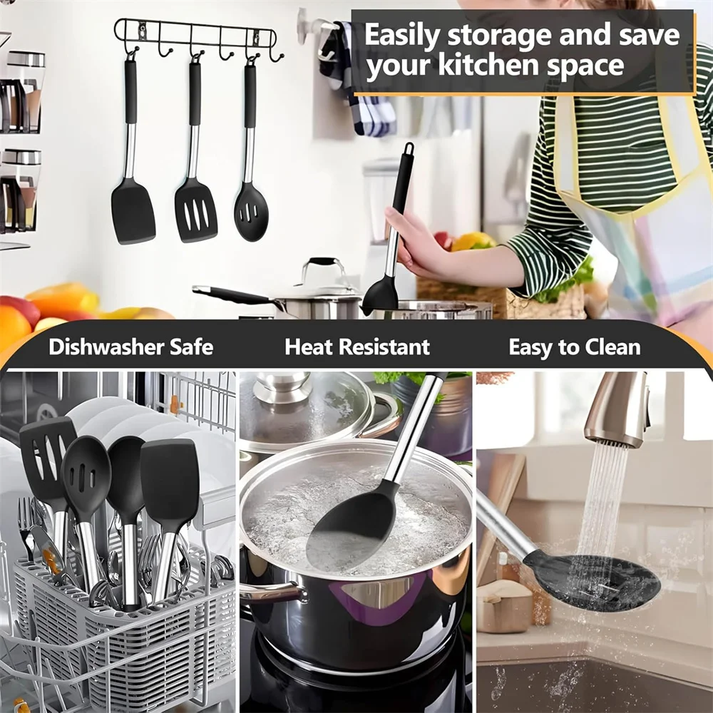 4 Pieces Silicone Spatula Kitchen Cooking Utensils Stainless Steel Tight Spatula Leaky Non-stick Cookware Kitchen Tools