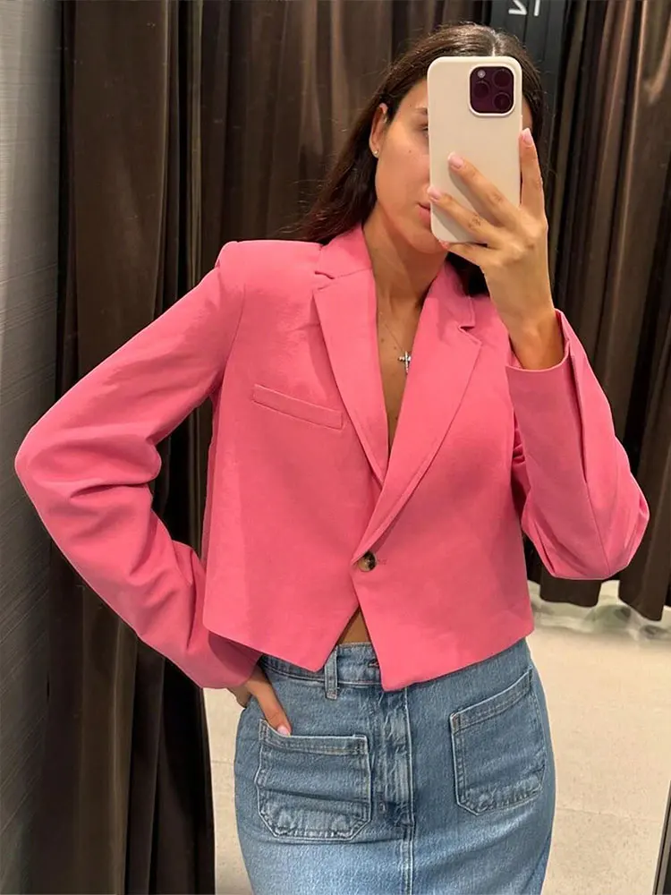 HH Women Elegant Fashion Pink Short Blazer Coat Slim Long Sleeve Single Button Jacket Female Casual Office Lady Chic Suit Tops