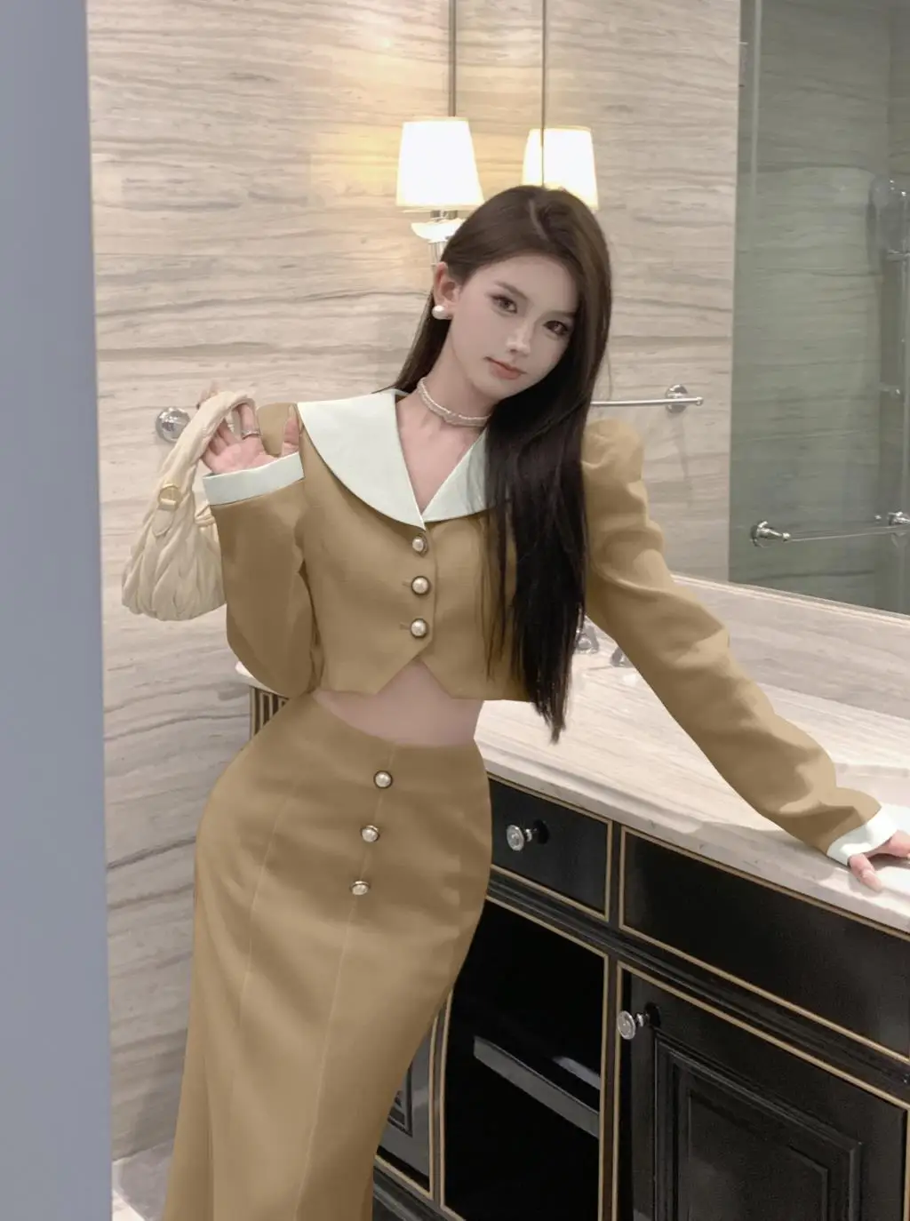 Elegant Two Piece Set Women Long Sleeves Short Coat + High Waist Mermaid Skirt Autumn Winter Solid Korean Style Patchwork Outfit