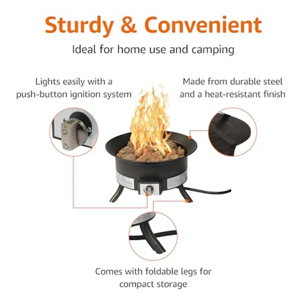 Portable Propane Gas Fire Pit with Carry Strap 55,000 BTU Stainless Steel Burner Outdoor Patio Heater with Lava Rock & 10ft Hose