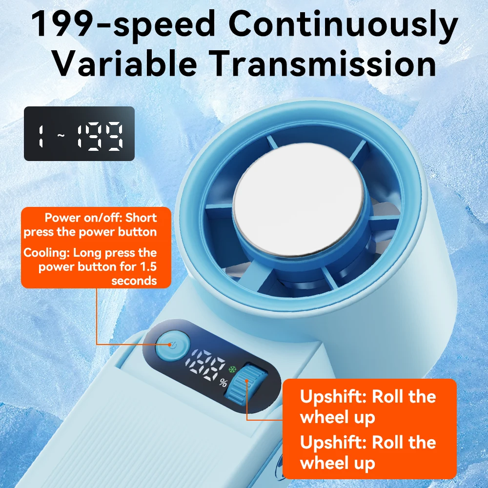 Compact Handheld Fan with LED Display and Foldable Design, 8000mAh Rechargeable Battery, Adjustable 199-Speed Levels