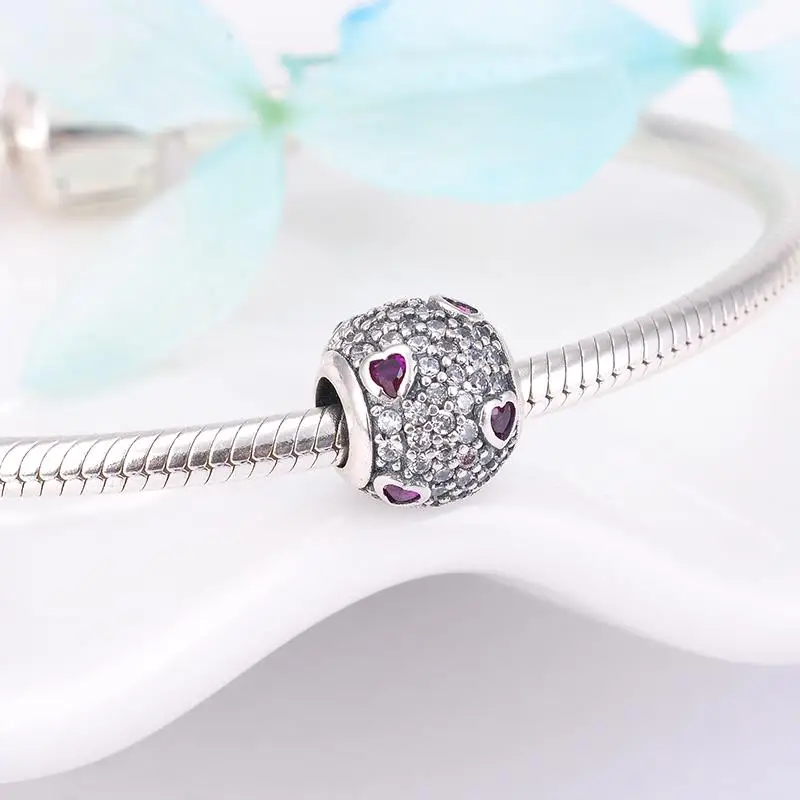 Charming Pink CZ Heart Authentic 925 Sterling Silver Bead DIY Jewelry Making Fit Original LYNACCS Charms Bracelet Women 3