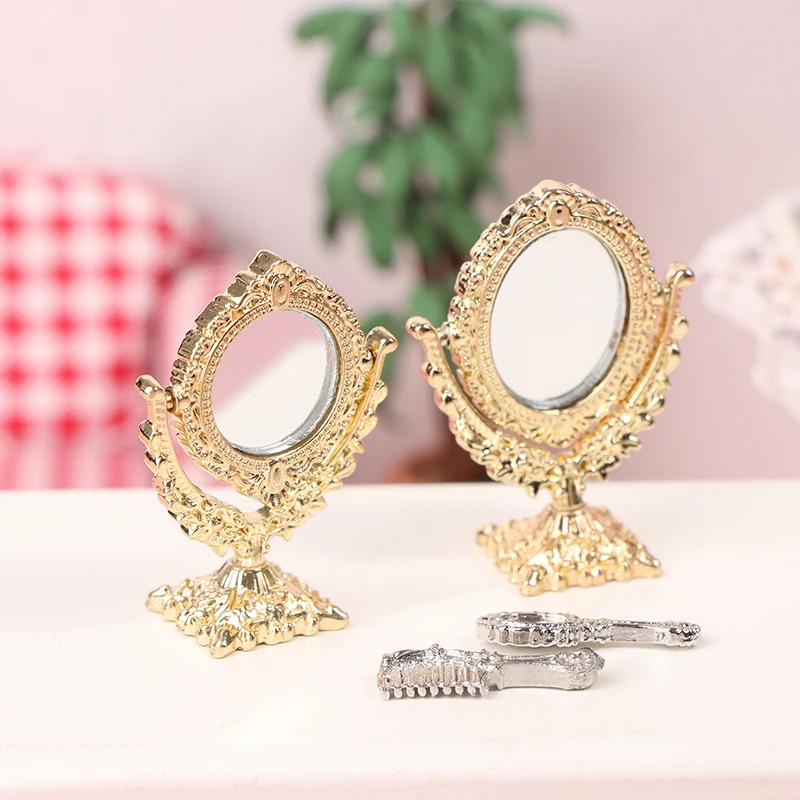 

1Set 1/12 Doll House Miniature Vanity Mirror Comb Handheld Mirror Model DIY Dollhouse Decor Accessories For Kid Pretend Play Toy