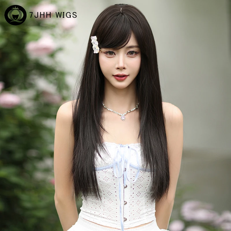 long straight wig with bangs dark brown synthetic ombre blonde hair 28 inches natural straight wig for women high heat resistant 7JHH WIGS Dark Brown Wig Synthetic Long Straight Black Tea Wig for Women Use High Density Layered Hair Wig Beginner Friendly