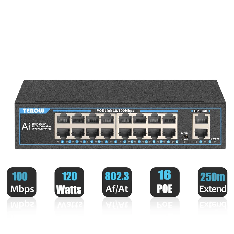 Switch Ethernet Terow Switch Gigabit Poe 100Mbps Rj45 Lan Switch Poe Di Rete Veloce Splitter Ethernet A 16 Porte Per Router Wifi