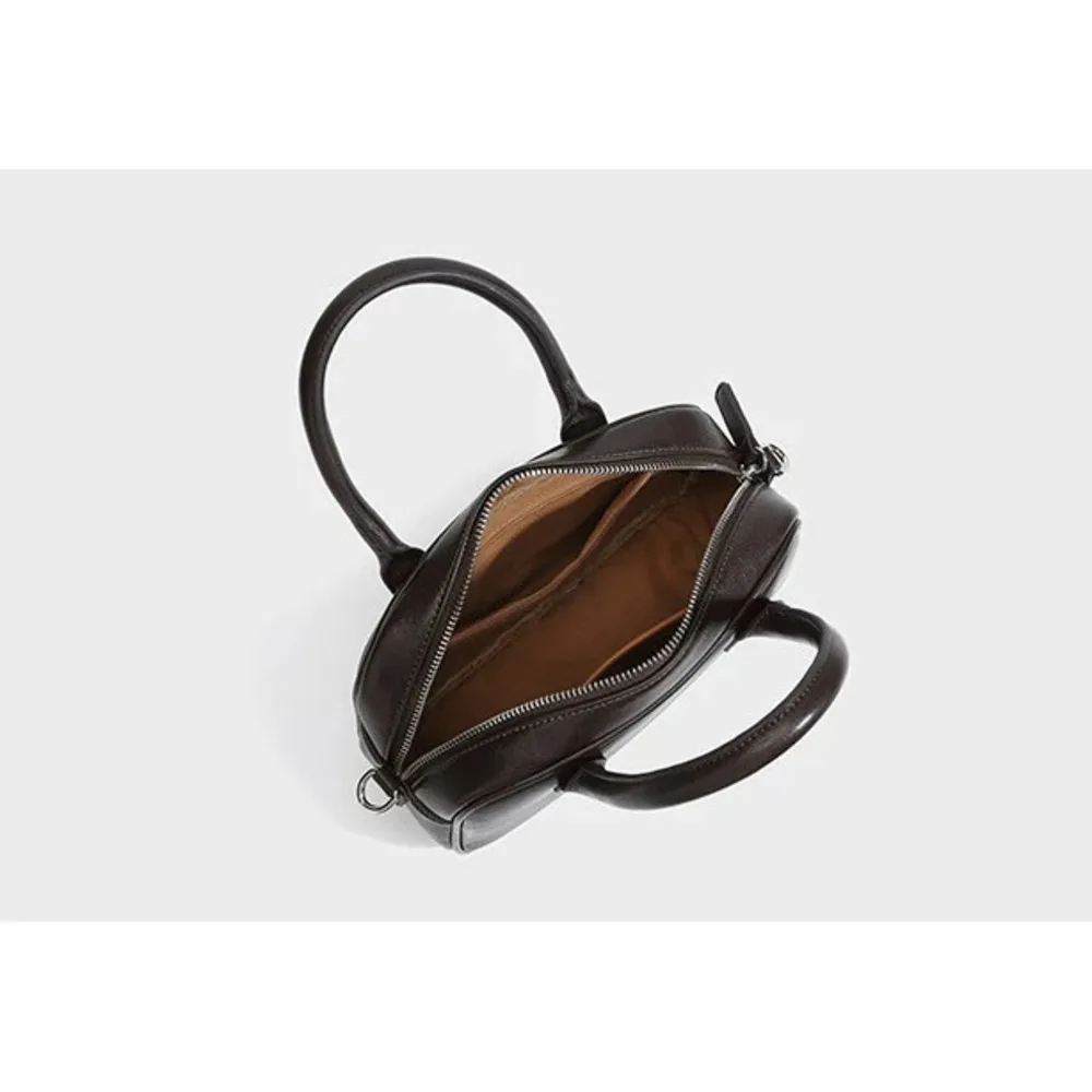 【 Genuine Leather Women's Bag 】 Vegetable tanned top layer cowhide bowling for women's niche handbag Boston bag_voghion.com