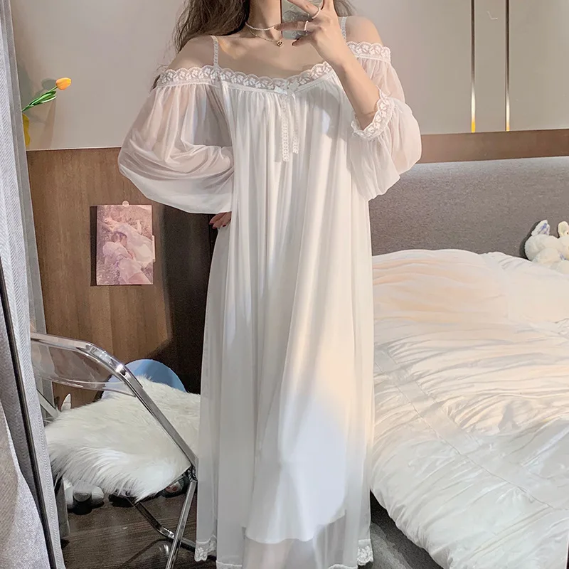 

France Lolita Sexy Nightgown Long Sleeve Korean Sleep Dress for Women Lace Nightdress Intimate Lingerie Loose Sleepwear Homewear