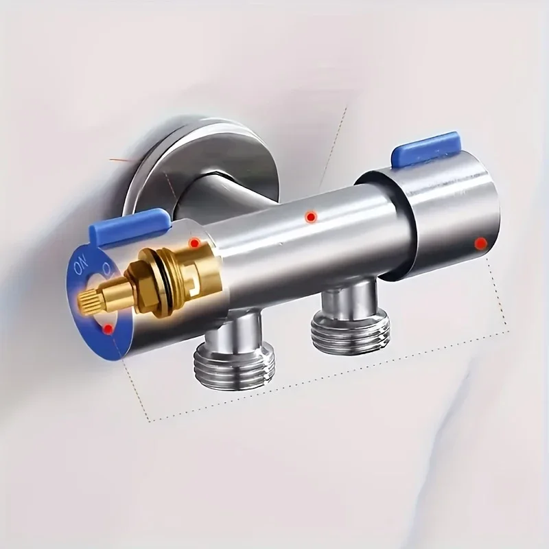 304 Stainless Steel Angle Valve - One Inlet Two Outlets Dual Control Switch, Brushed Chrome Finish, Valve Core