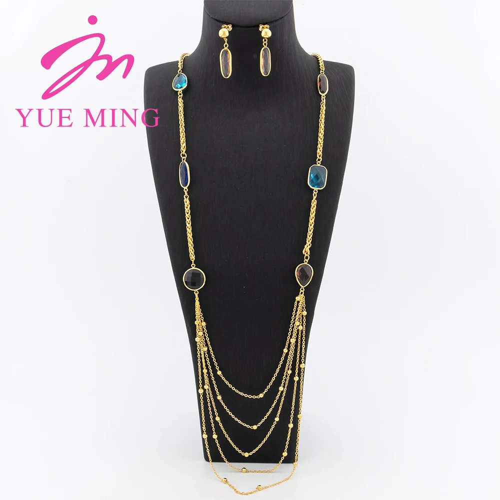 

YM Dubai Gold Color Jewelry Sets African Wedding Gifts Flower Pendant Multilayer Long Chain with Earrings Jewellery Accessories