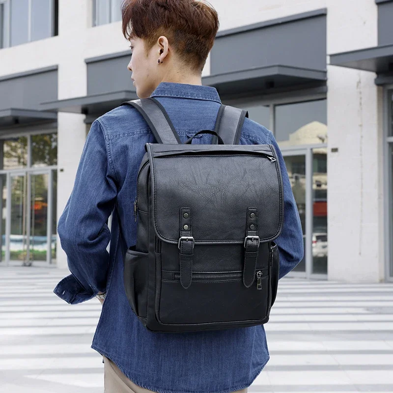 Mens Backpack Large Capacity Vintage PU Leather