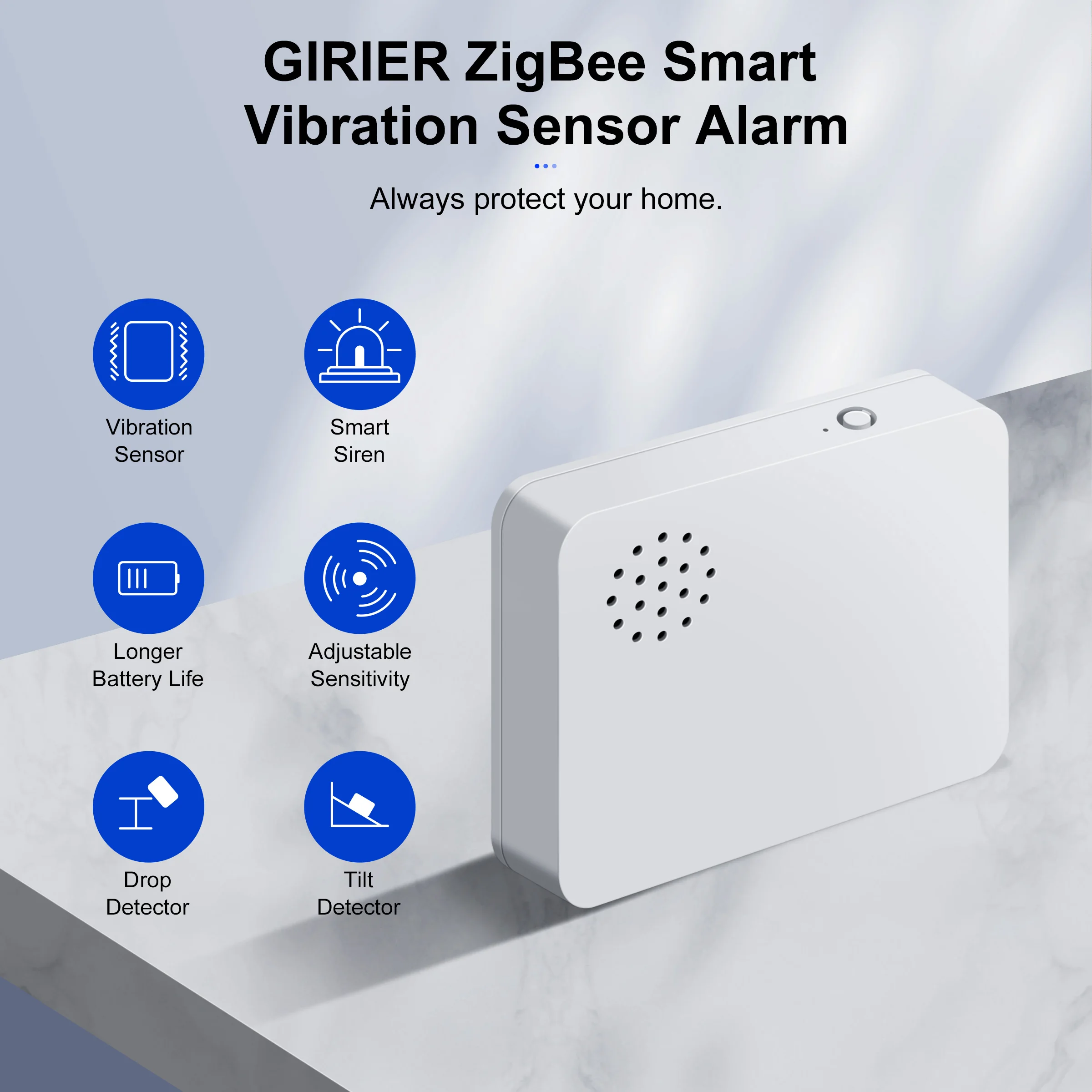 GIRIER Tuya ZigBee Vibration Sensor Smart Glass Break Detector Drop Tilt Detection Built-in Smart Siren for Home Security System
