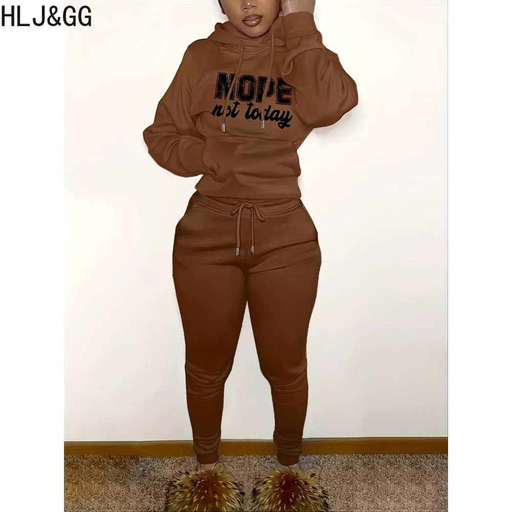 HLJ&GG Winter Casual Letter Printing Hooded Two Piece Sets Women Long Sleeve Pocket Sweatshirt + Skinny Pants Tracksuits Outfits