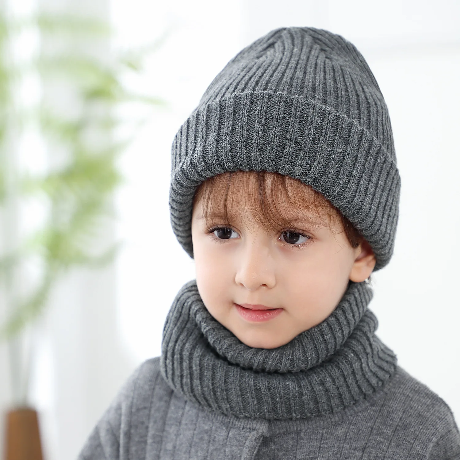Winter Hat Scarf Set for Child 2022 Striped Beanies Hats for Girl Boy Solid Color Knit Thick Beanies Scarves Set for Girl Kids