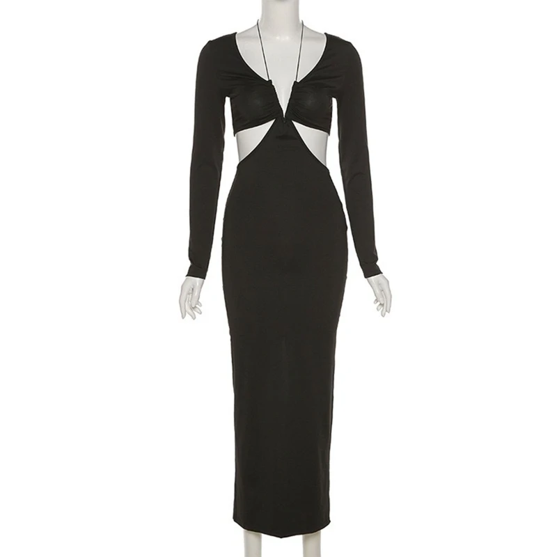 

Women Autumn Long Sleeve Sexy V-Neck Lace-Up Maxi Bodycon Dress Cutout High Waist Back Split Solid Color Black Cocktail Party