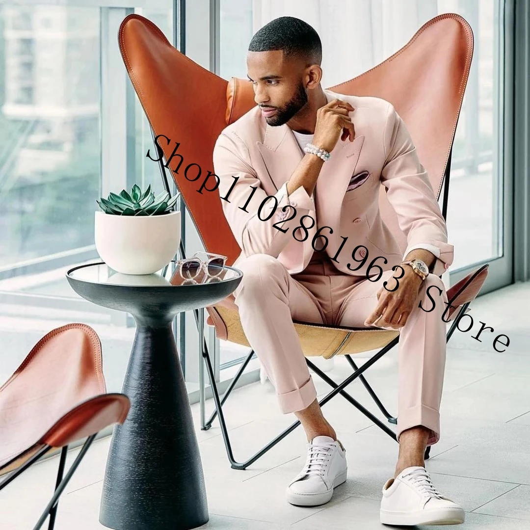 New Arrival Pink Men Suits Slim Fit Double Breasted 2 Pieces Male Suits Groom Tuexdos For Wedding Blazer Pants Costume Homme