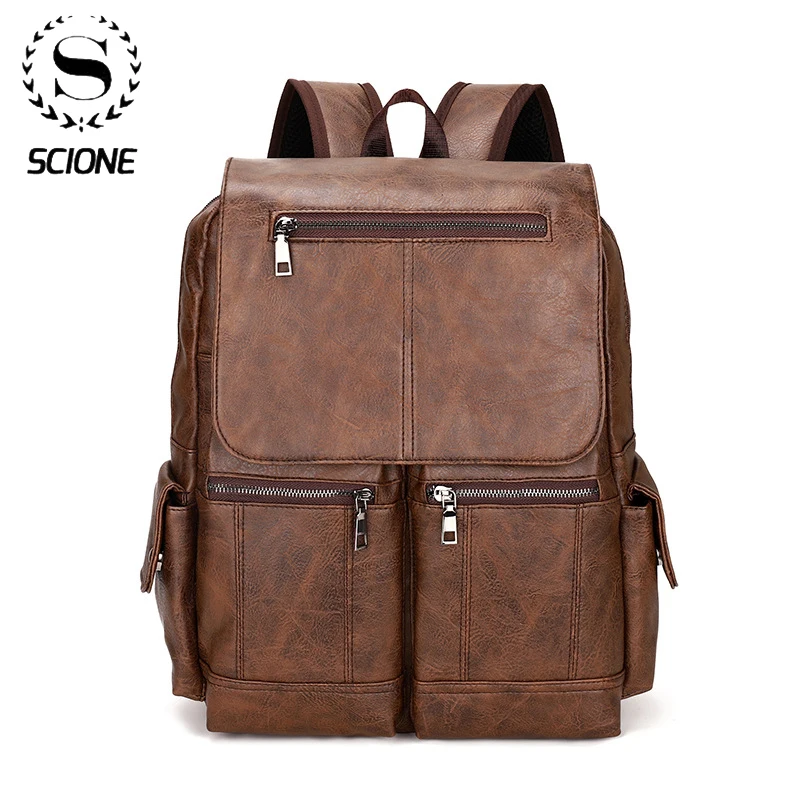 

Scione Leather Backpack Fashion Casual Student Schoolbags Large Capacity Simple Retro Laptop Rucksack Business Travel Bags K480