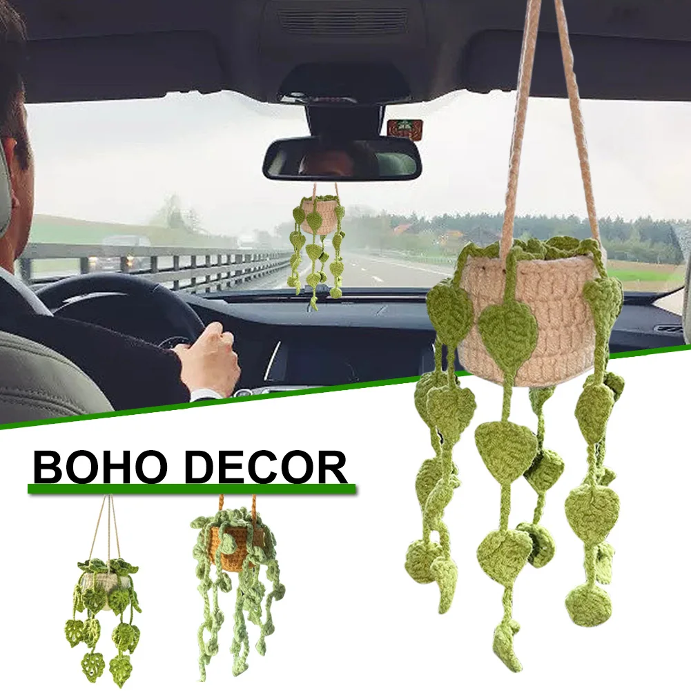 

Universal Rearview Mirror Pendant Crochet Hanging Potted Plant Basket Ornaments Auto Decor Interior Accessories for Women Girls