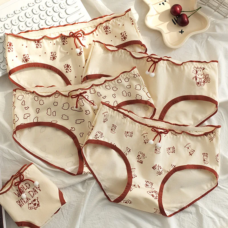 New Cute Cow Cotton Underwear Sexy Panties Women's Middle-waist Lingerie Briefs For Ladies Plus Size Pantys Underpants 5Pcs/Set