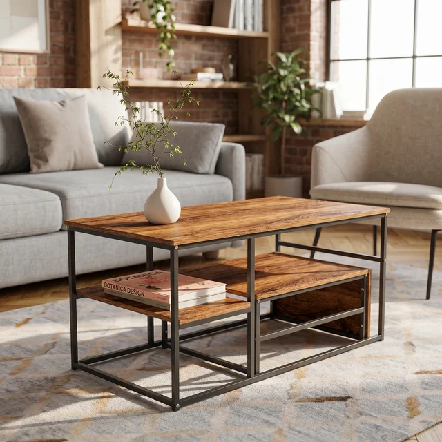 Ensemble de tables basses carrées Comanlai, structure en métal avec panneau imitation bois, mobilier de salon moderne noir, tables basses gigognes, petite table d'appoint, table contemporaine pour la maison, table basse élégante, table compacte et durable, table basse multifonctionnelle 1