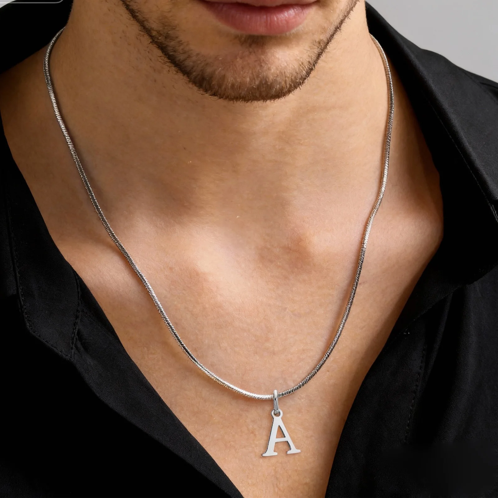 Minimalist Initials Necklace for Men,Stainless Steel Alphabet A-Z 26 Letter Collar,50/55/60CM Silver Color Thin Snake Chain
