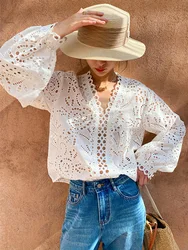 GypsyLady France Elegant Chic Shirt Blouse Floral Embroidery White Cotton Hollow Out Sexy Long Sleeve Women Holiday Ladies Tops
