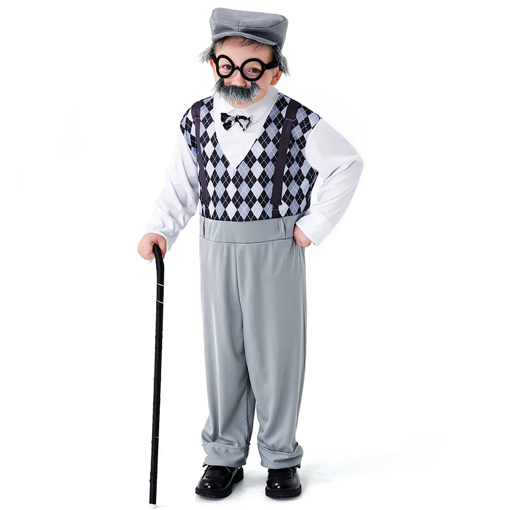 

Halloween Cosplay Old Man Costume for Kids 100th Day of School Grandpa Costume Accessories Including Hat Glasses Beard