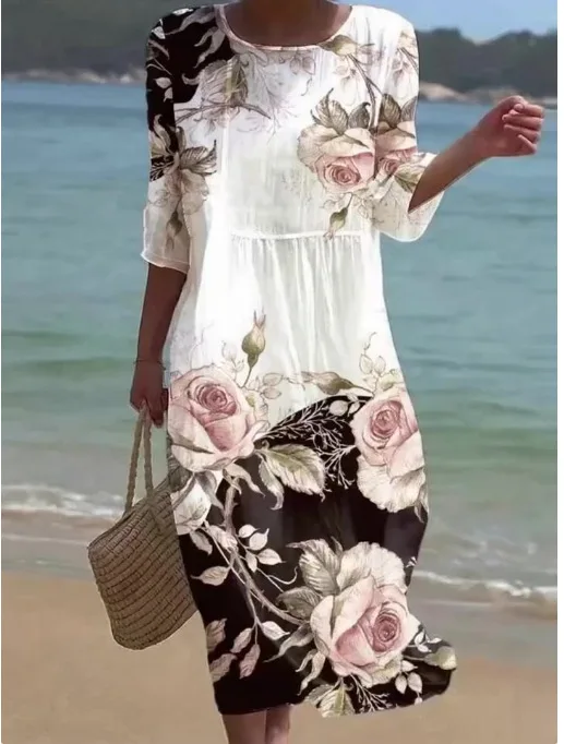 Spring Summer New Short-sleeved Casual Printed Dresses For Women's Retro Loose O Neck Female Small Fresh Holiday Robe Dress 2026