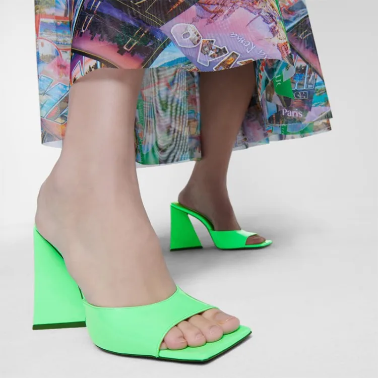 

Multicolor Plus Size Chunky High Heel Slippers Square Open Toe Patent-Leather Sandals Colorful Women High Heels Sandalias Mujer