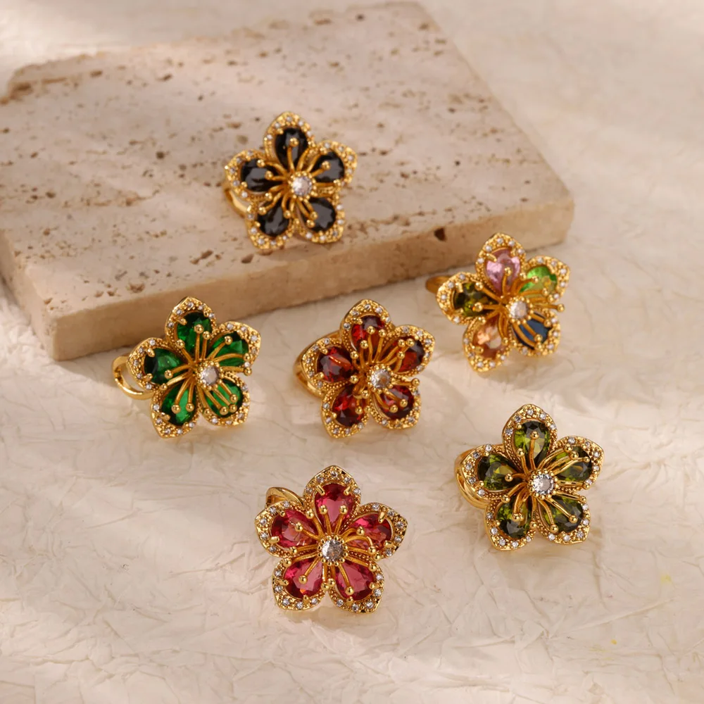 Green Zircon Flower Rings Gold Color Stainless Steel