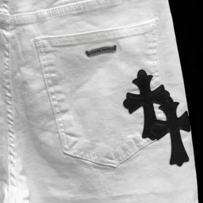 2024 New Summer Cotton Elastic Shorts Men's American Style Street Fashion Brand Embroidered White Denim Shorts for Men and Women