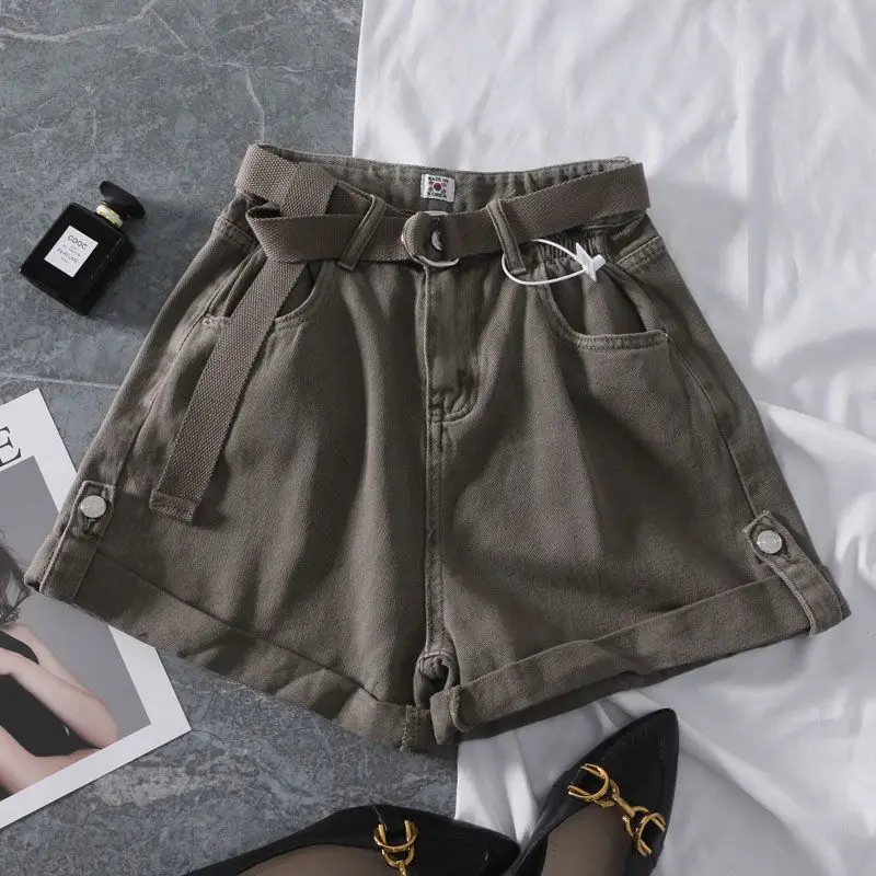 Women Summer Korean New High Waist Casual Fashion Curled Shorts Button Waist Belt Zipper Pocket Versatile Wide Leg Half Pants