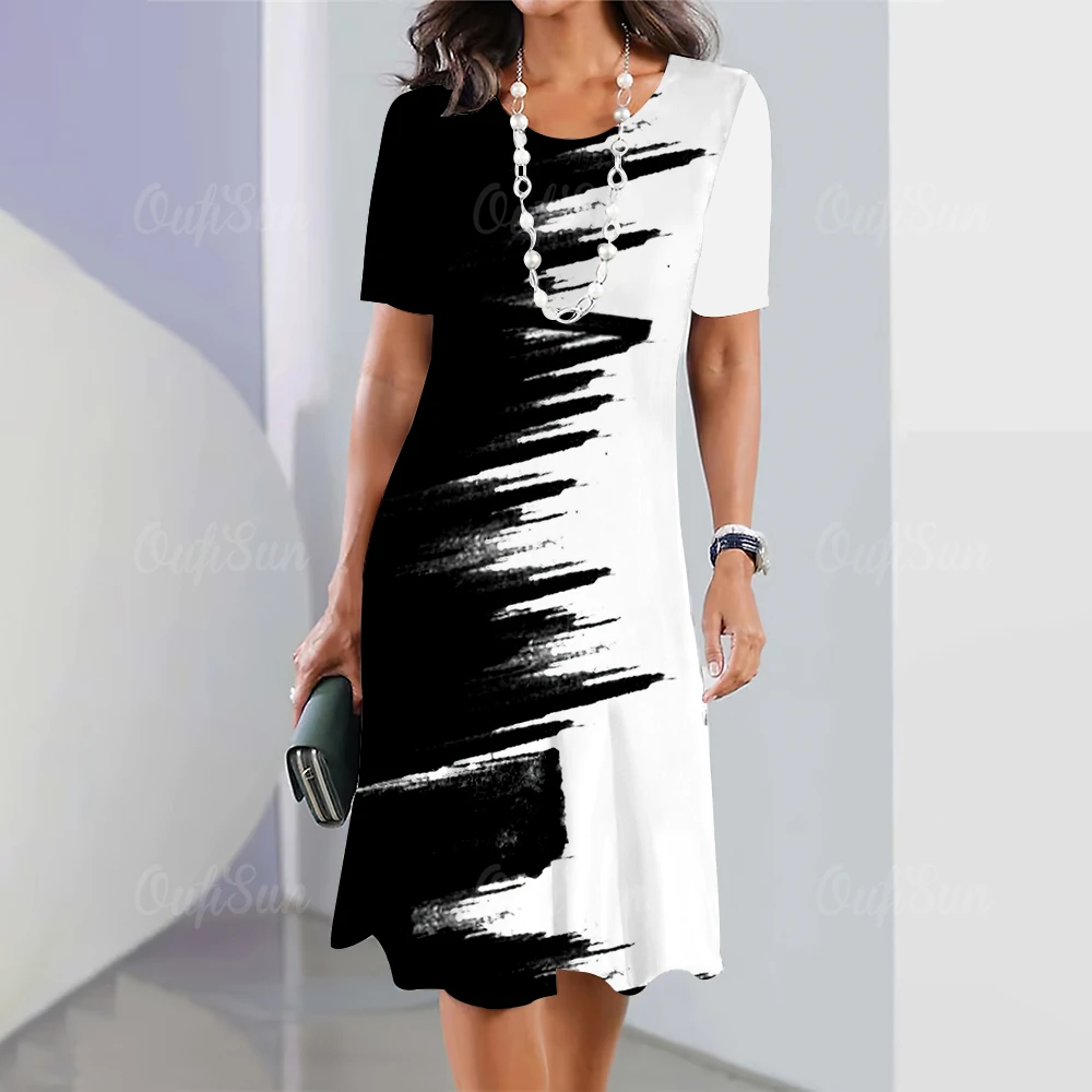 

New Women's Dress 3D Printed Black and White Short Sleeve Fashion Loose fitting Dress Summer Women's Extra Large Holiday Dress