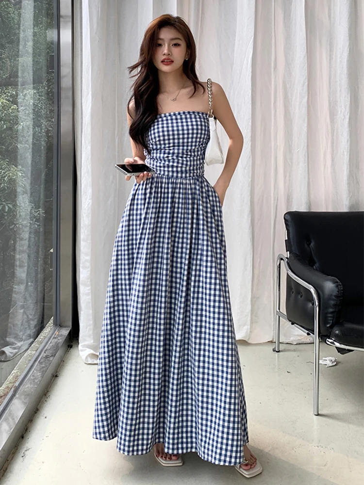 

French Style Retro Contrasting Colors Classics Plaid Women Strapless One-Piece 2024 New Pleated A-line Calf Length Dress Design