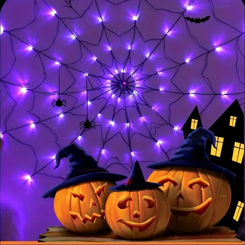 Halloween Spider Web Light w/ Giant Spider 8 Modes Remote Control USB Powered for Spooky Indoor Outdoor Decor