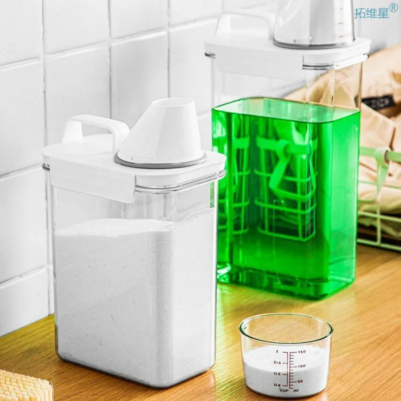 Refillable Laundry Detergent Dispenser Powder Storage Box Clear Washing Softener Bleach Storage Liquid Container With Scale