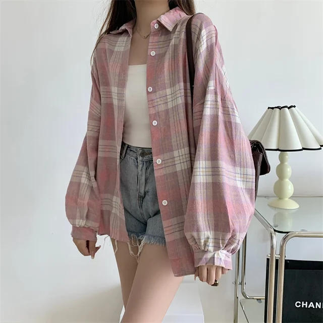 Women Tartan Shirt Long Sleeve Collared Button Up Oversized Plaid Shirt Jacket Grunge Fashion Teenage Girl Spring Summer Outfit 1