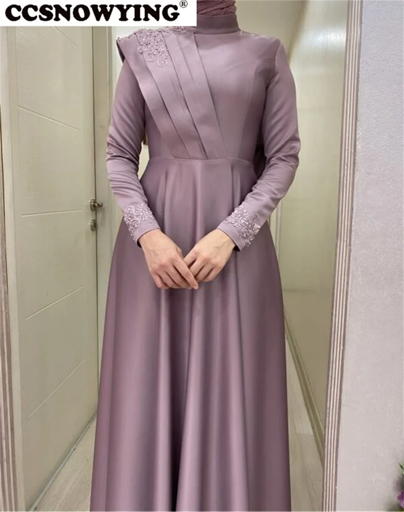

Full Sleeve Hijab Muslim Evening Dresses Satin Appliques High Neck Islamic Women Formal Party Gown Arabic Robe De Soiree