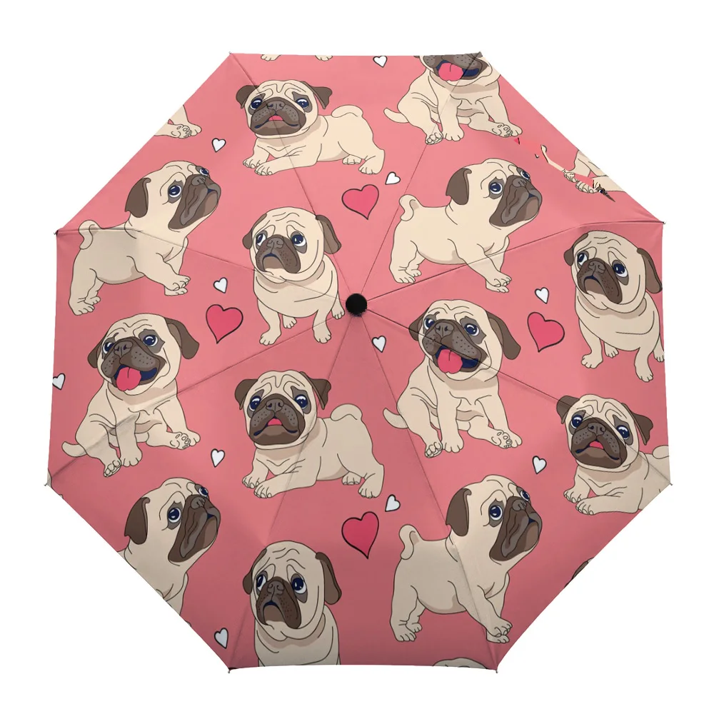 Dog Pug Cartoon Non Automatic Umbrella Men Women Rain Windproof