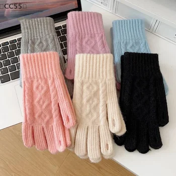 〔CC55〕Thickened Knitted Autumn Winter Gloves Touchscreen Compatible Riding Warmth Insulation Pure Color Cute Gloves Unisex