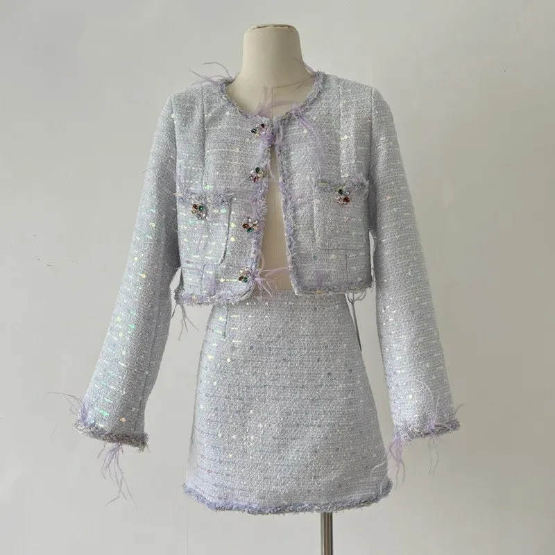 

High Quality Luxury Feathers Sequined Small Fragrance Tweed Two Piece Set For Women Short Jacket Coat + Mini Skirt 2 Piece Suits