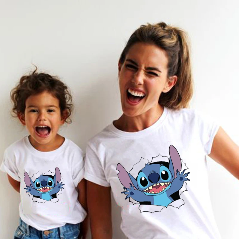 Disney Stitch T Shirt Family Look Mother and Kids Matching Outfits Fashion Streetwear Mom and Daughter Son Family Clothes Tops
