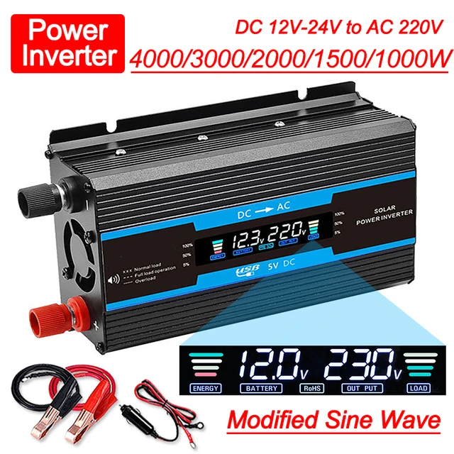 Onduleur à onde sinusoïdale modifiée, DC 12V-24V, convertisseur de tension  automatique à AC 220V, 1000W-4000W, onduleur solaire, prise universelle  ondulée - AliExpress