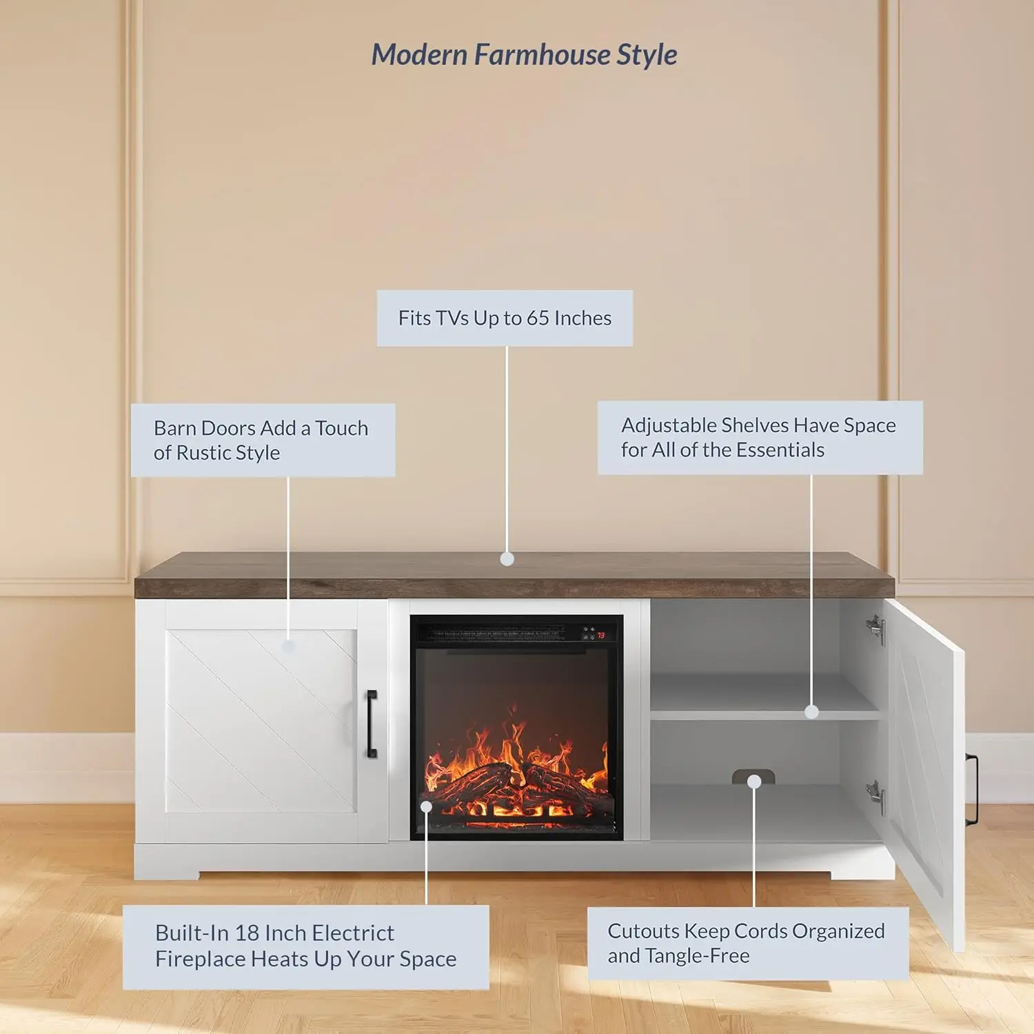 Modern 58" Farmhouse TV Stand with 18" Electric Fireplace Heater & Media Entertainment Center for TV up to 65" Console Table 4