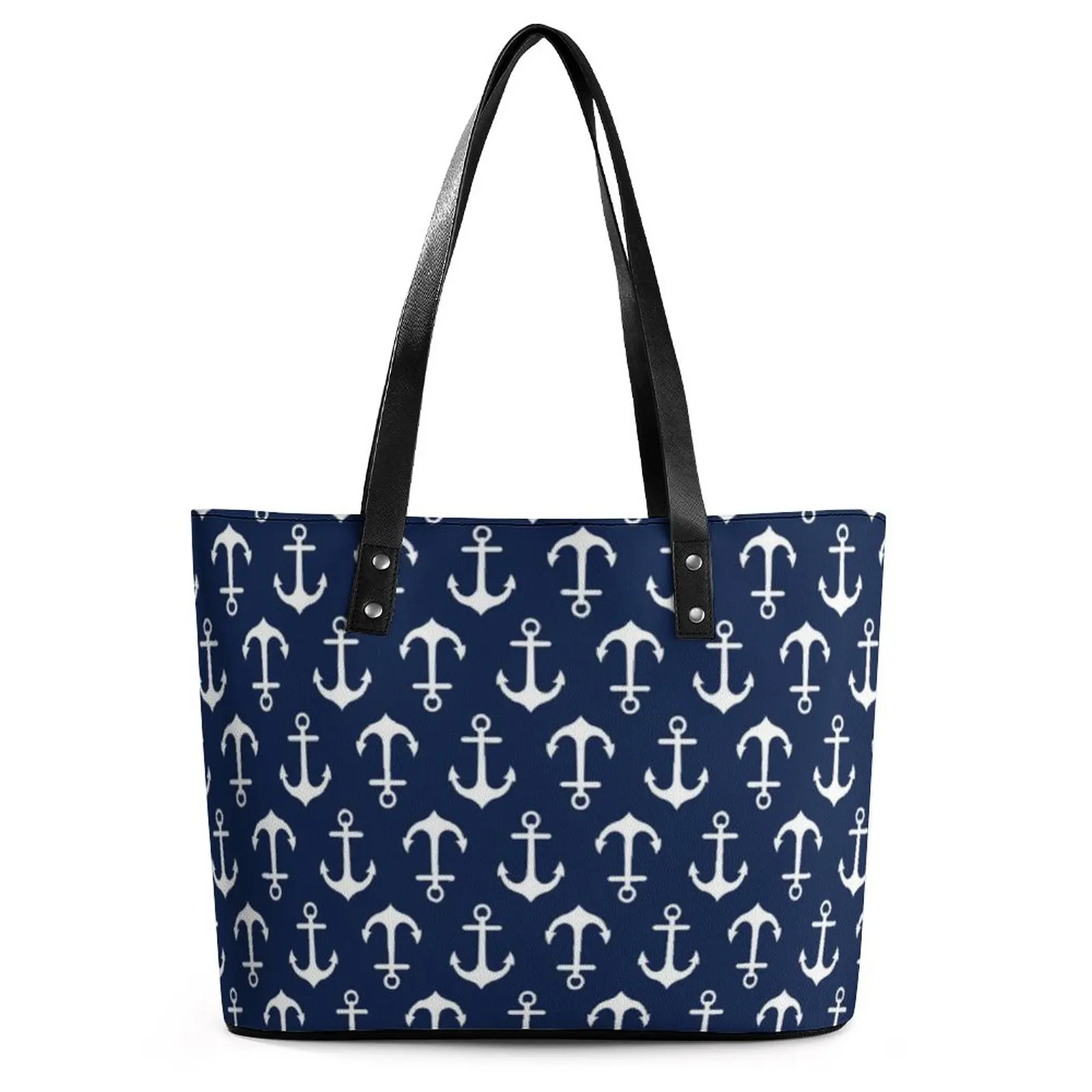 Bolsos náuticos azules para mujer, bolso de mano con de ancla, bolso de hombro universitario bolso de compras de cuero PU con estampado de bolsillo -