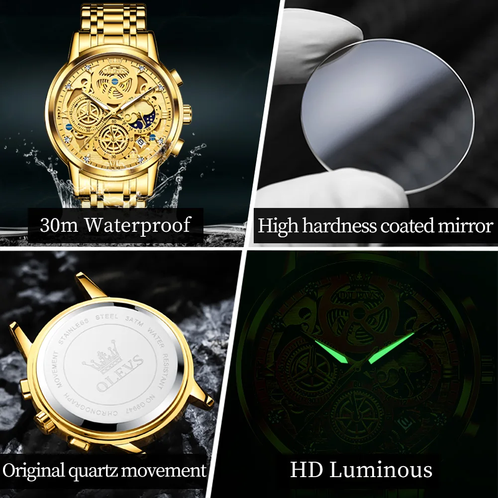 OLEVS Gold Skeleton Style Mens Watches Top Brand Luxury Waterproof Quartz Watch for Man 24 Hour Moon Phase Chronograph Wristatch